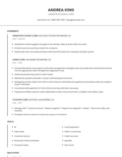 Order Processing Clerk Resume