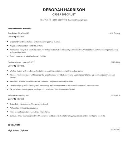 Order Specialist Resume