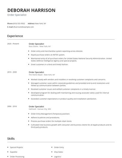 Order Specialist Resume