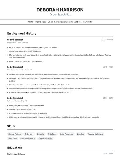 Order Specialist Resume