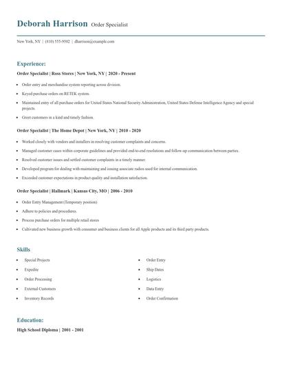 Order Specialist Resume