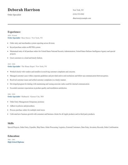Order Specialist Resume