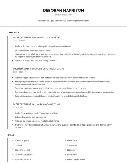 Order Specialist Resume