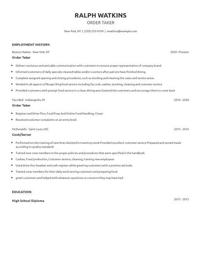 Order Taker Resume