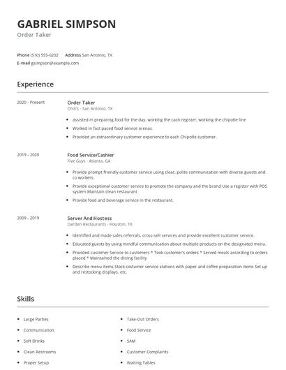 Order Taker Resume