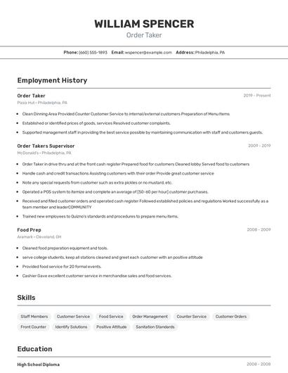 Order Taker Resume