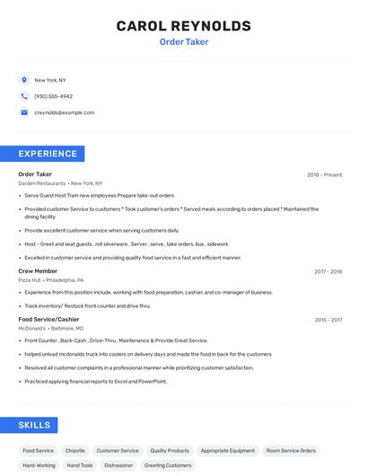 Order Taker Resume