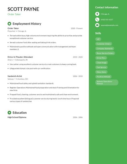 Order Taker Resume