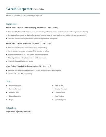 Order Taker Resume