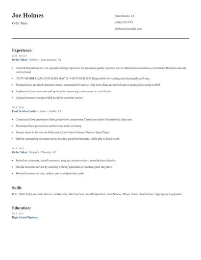 Order Taker Resume