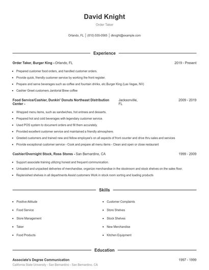 Order Taker Resume