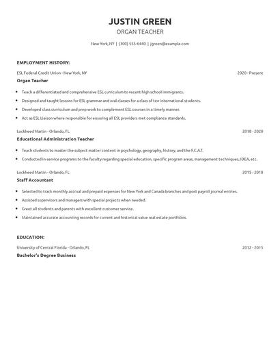 Organ Teacher Resume