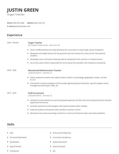 Organ Teacher Resume