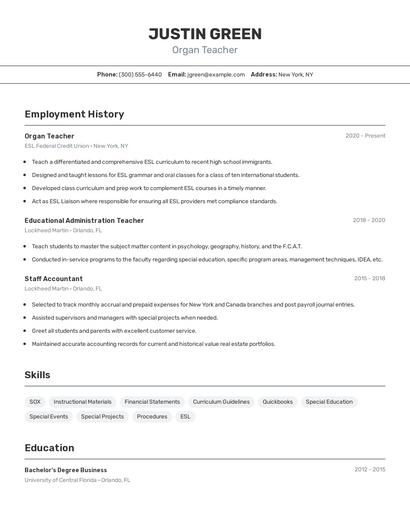 Organ Teacher Resume