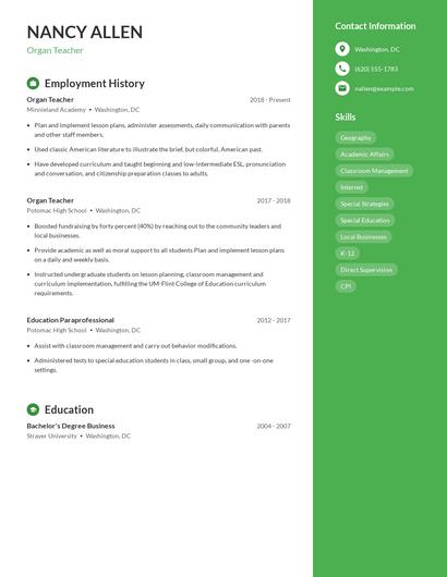 Organ Teacher Resume