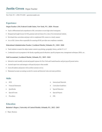 Organ Teacher Resume