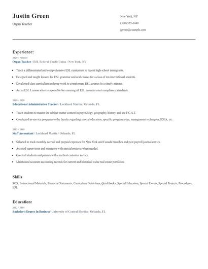 Organ Teacher Resume