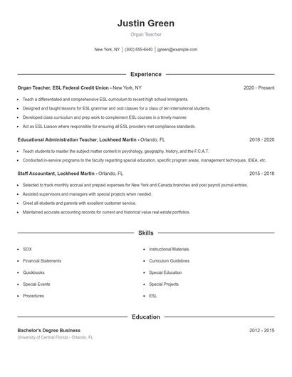 Organ Teacher Resume