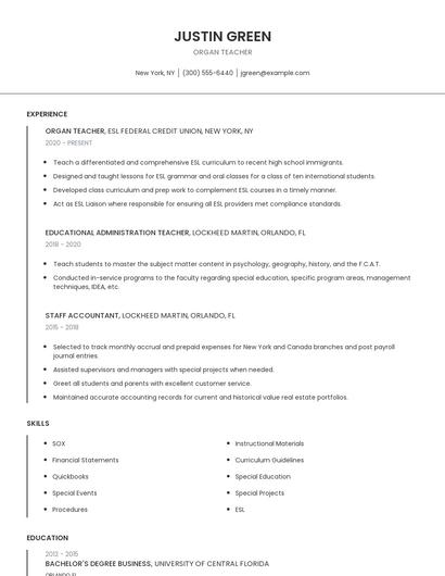 Organ Teacher Resume