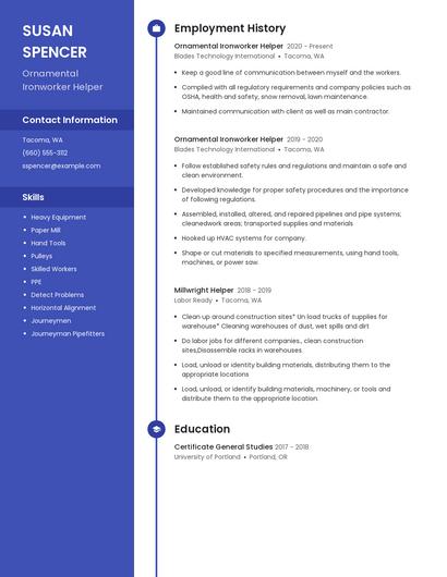 Ornamental Ironworker Helper Resume