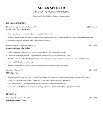 Ornamental Ironworker Helper Resume