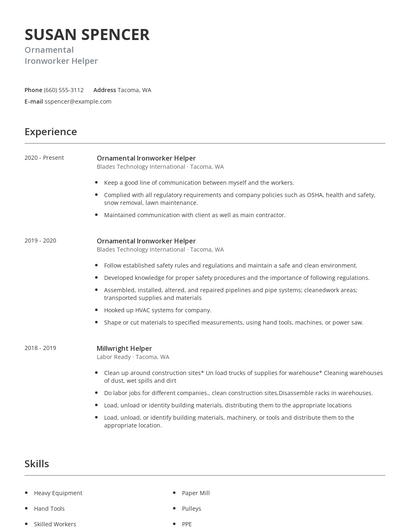 Ornamental Ironworker Helper Resume
