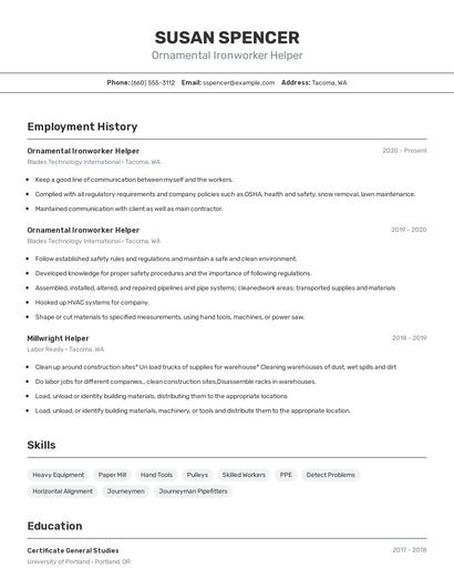 Ornamental Ironworker Helper Resume