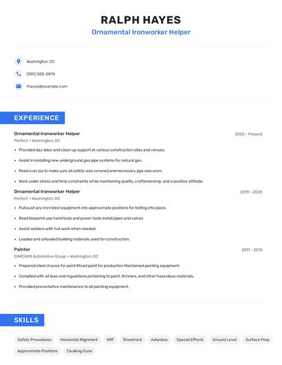 Ornamental Ironworker Helper Resume
