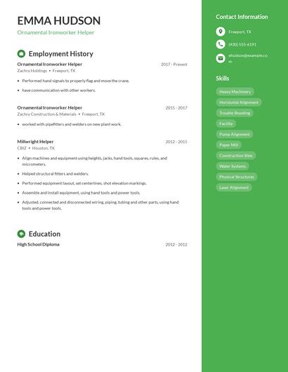 Ornamental Ironworker Helper Resume