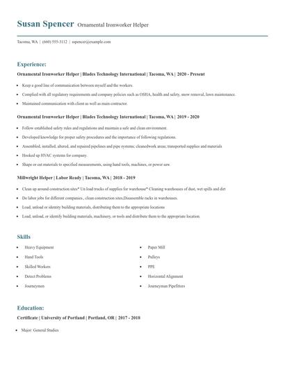 Ornamental Ironworker Helper Resume