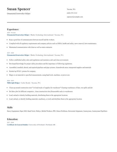 Ornamental Ironworker Helper Resume