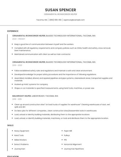 Ornamental Ironworker Helper Resume