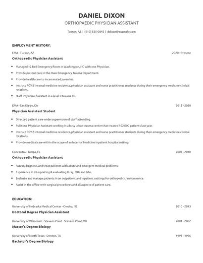 Orthopaedic Physician Assistant Resume