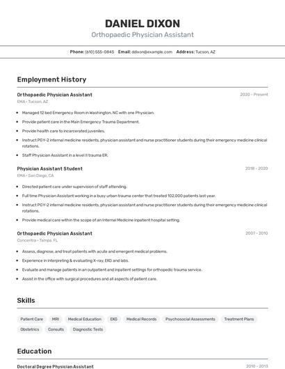 Orthopaedic Physician Assistant Resume