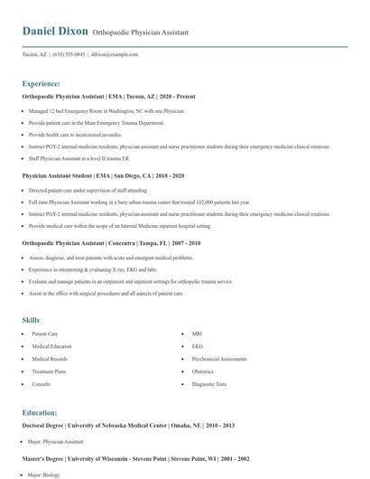 Orthopaedic Physician Assistant Resume