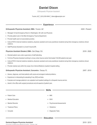 Orthopaedic Physician Assistant Resume