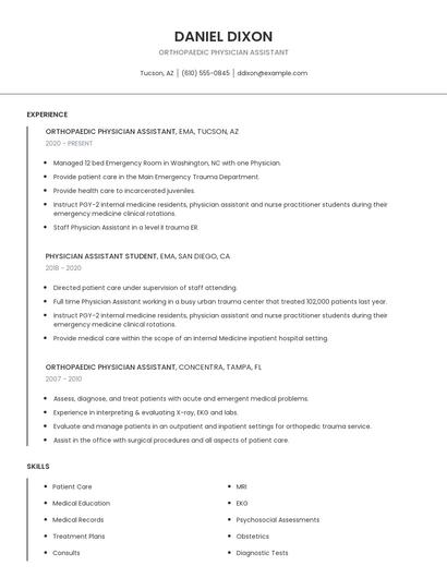 Orthopaedic Physician Assistant Resume
