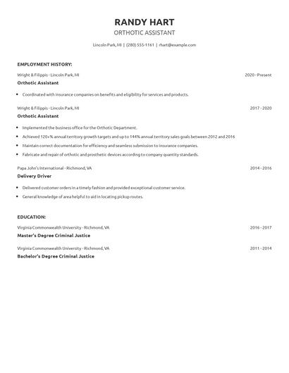 Orthotic Assistant Resume