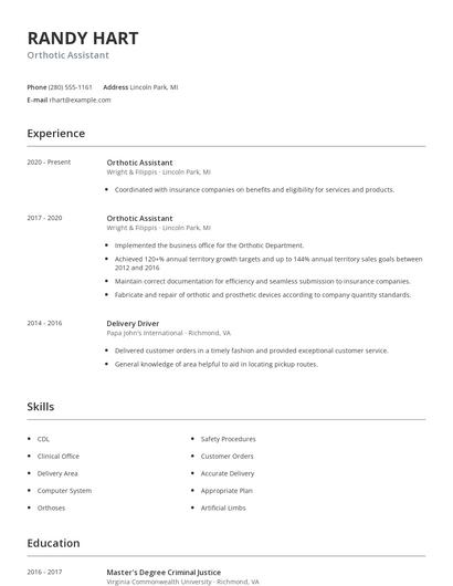 Orthotic Assistant Resume