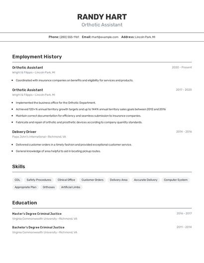 Orthotic Assistant Resume