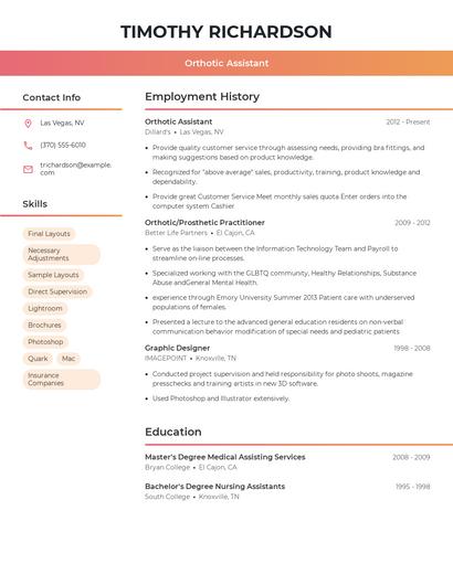 Orthotic Assistant Resume
