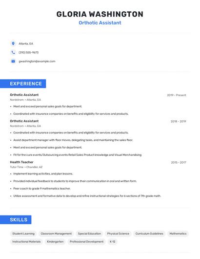 Orthotic Assistant Resume