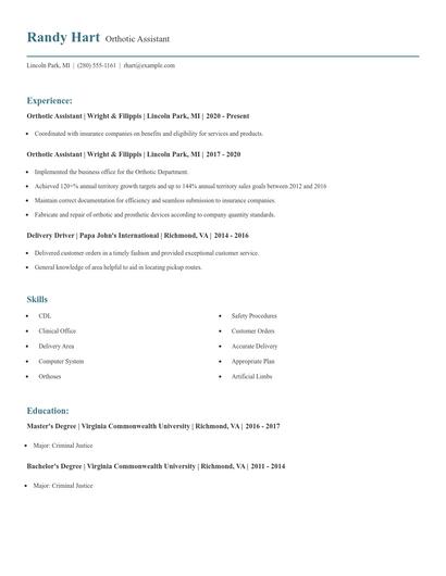 Orthotic Assistant Resume