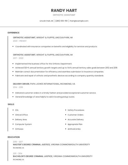 Orthotic Assistant Resume