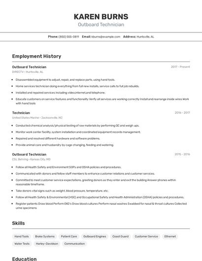 Outboard Technician Resume