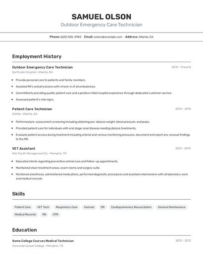 Outdoor Emergency Care Technician Resume