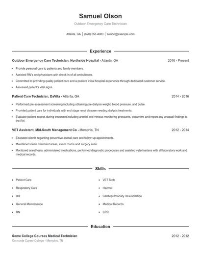 Outdoor Emergency Care Technician Resume