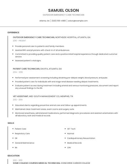 Outdoor Emergency Care Technician Resume