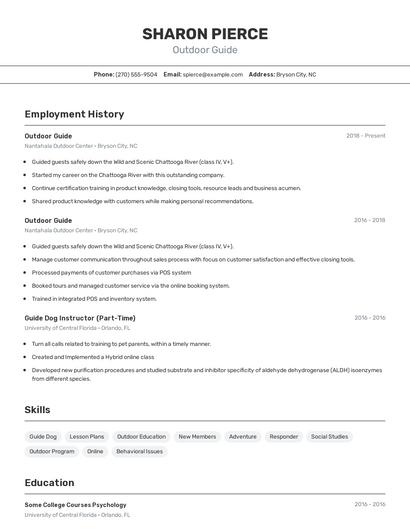 Outdoor Guide Resume