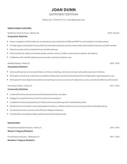 Outpatient Dietitian Resume